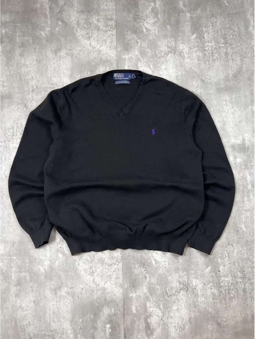 Polo Ralph Lauren Pima Cotton V-Neck Sweater Black Quiet Luxury Purple Pony